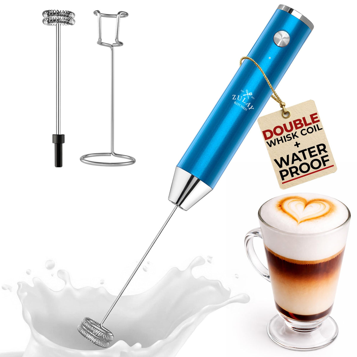 Zulay Kitchen Rechargeable Milk Frother Handheld - Frother Wand, Drink Mixer, Electric Whisk Frother, for Cappuccinos, Matcha & Protein Powder - Dynamic 3 Whisk, 3 Speed 500mAh Black