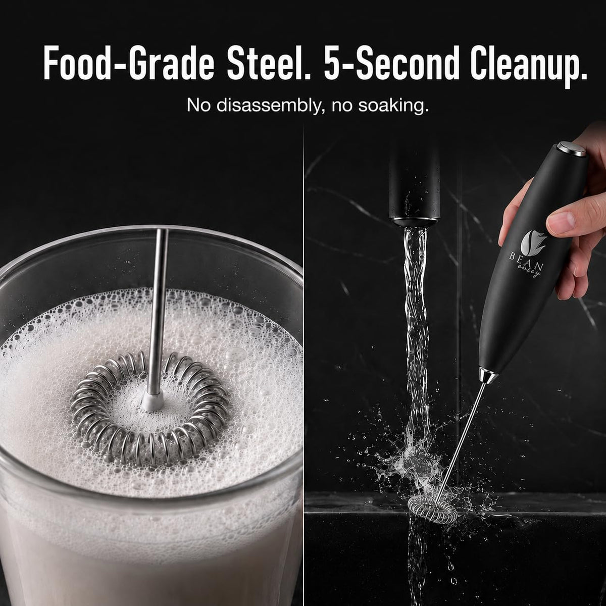 Bean Envy Milk Frother Handheld - Coffee Mixer Wand with Stand - Black