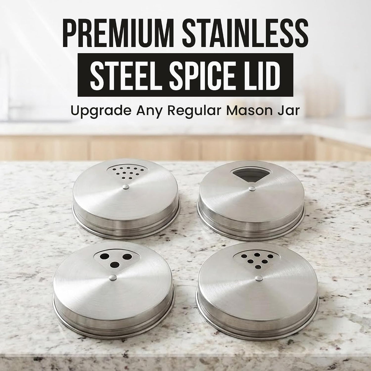 Mason Jar Shaker Lids Stainless Steel – Adjustable Spice & Seasoning Dispenser Tops for Regular Mouth Ball Canning Jars (4 Pack)