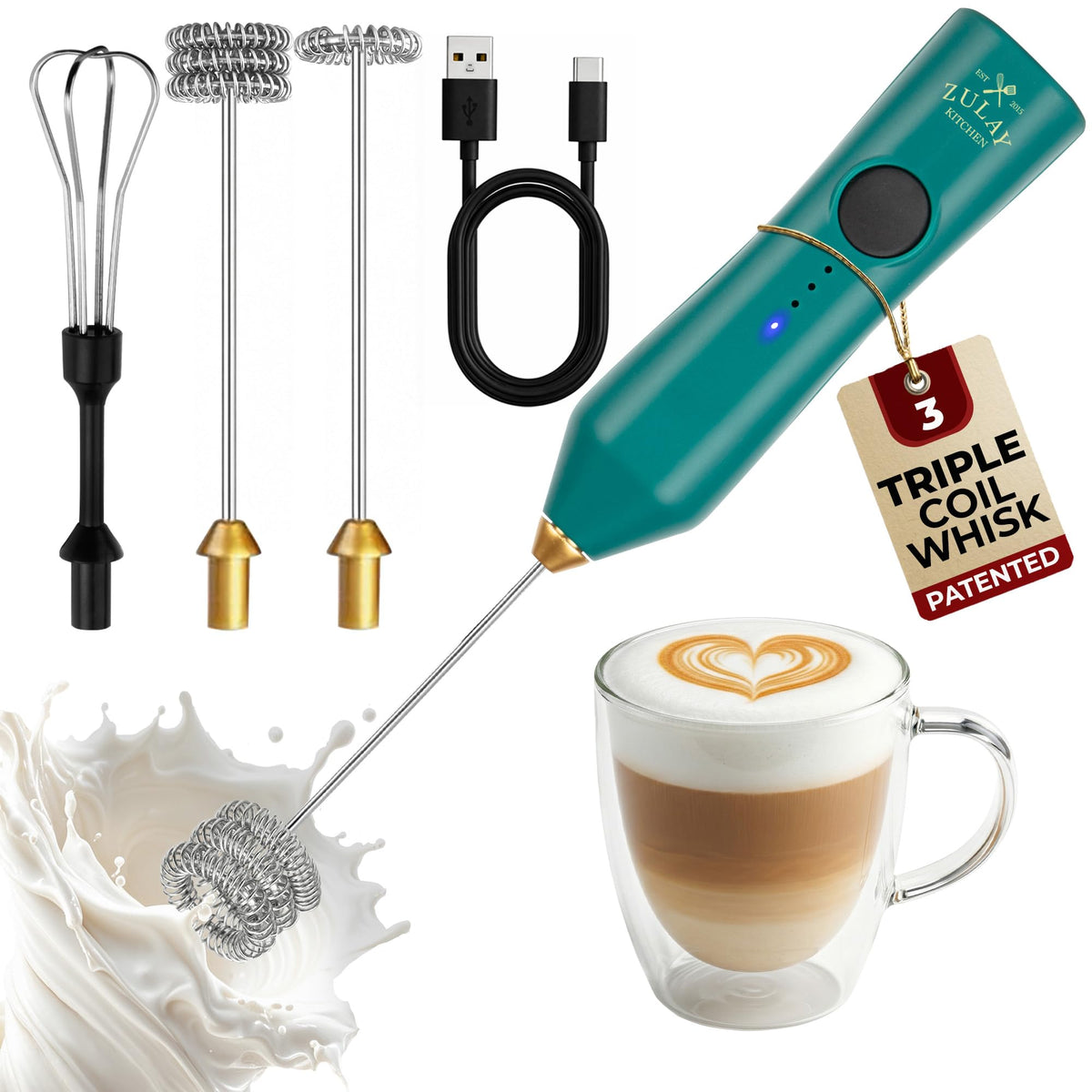Zulay Kitchen Milk Frother Handheld - Mini Frother Wand, Milk Mixer, Drink Whisk for Coffee, Matcha Essentials & More, Stick Frother for Protein Shakes, Froster Mixer - AA Batteries Included - Black