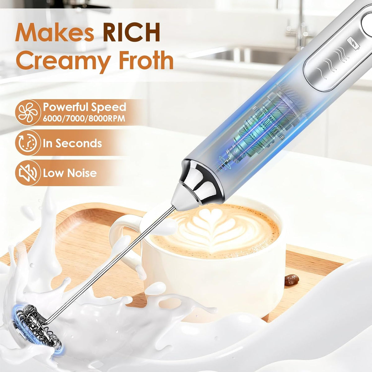 Handheld Milk Frother, Rechargeable Milk Frother, Coffee Mixer Wand, White