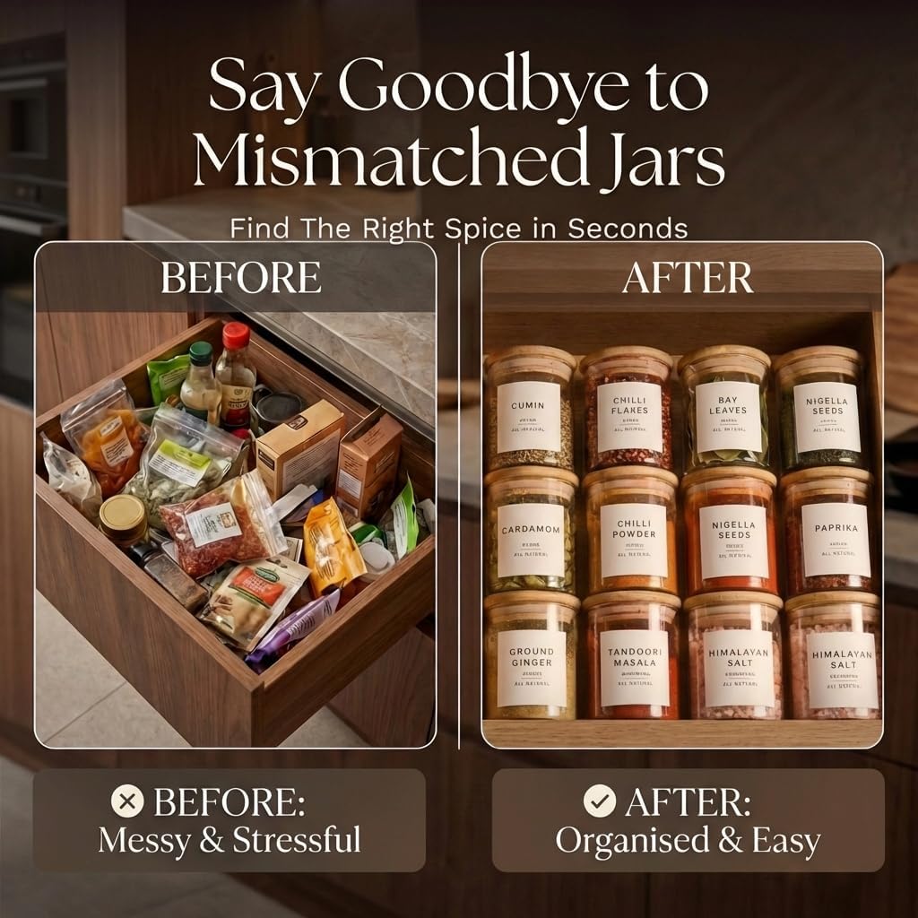Glass Spice Jars with Labels-12 Pack- 6.8oz- 360 Labels- Spice Containers with Bamboo Lids -Spices Organization for Cabinet-Drawer-Rack-Seasoning containers-herbs- Organizer-Spices Bottles