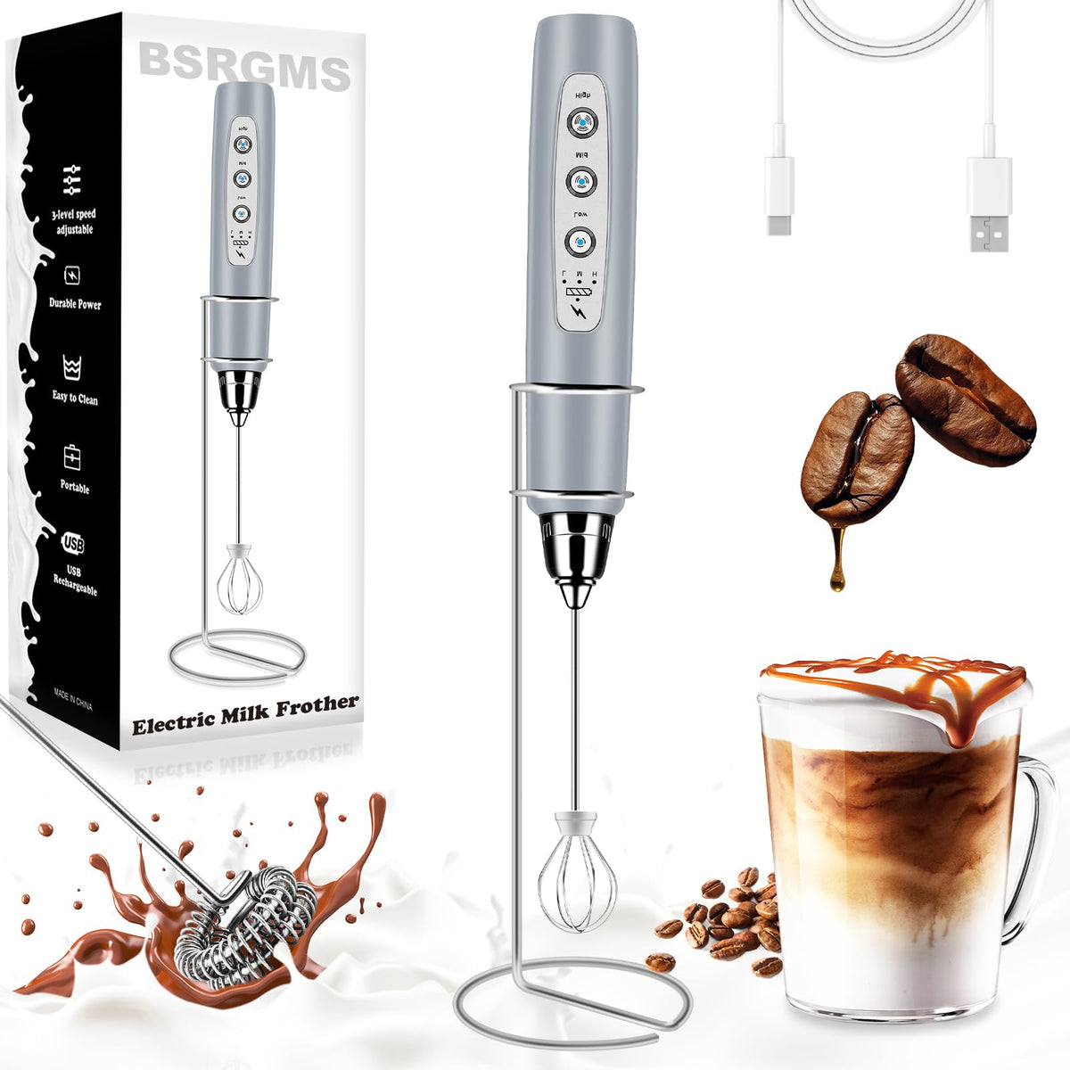 Milk Frother Wand Rechargeable Handheld Whisk Coffee 3 Speed Adjustable