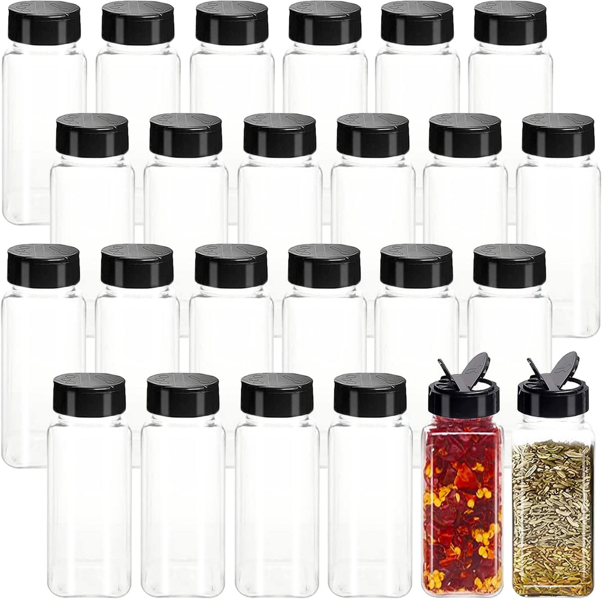 Tiaiidi 24 Pack 3.5 oz Square Plastic Spice Jars,Seasoning Containers with Black Screw Lids to Pour or Shake,Empty Storage Spice Containers for Spice,Powders,Peppers