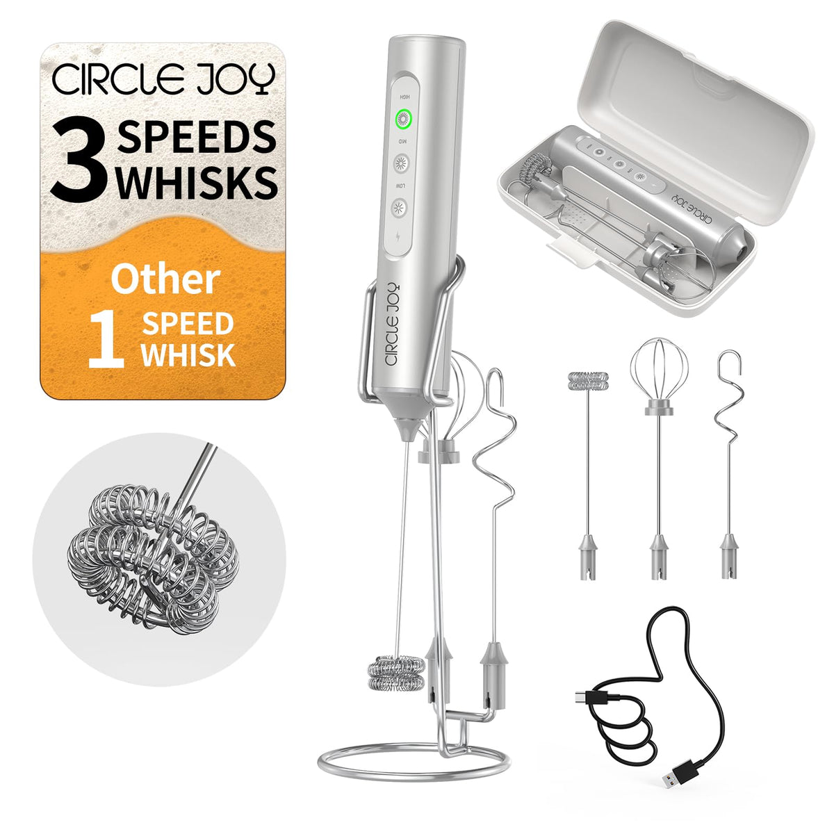 CIRCLE JOY Rechargeable Handheld Milk Frother Wand with Stand, 3 Variable Speeds, 3 Whisks and Storage Box, Electric Drink Mixer for Latte, Cappuccino, Hot Chocolate, Eggs and Protein Powder, Black