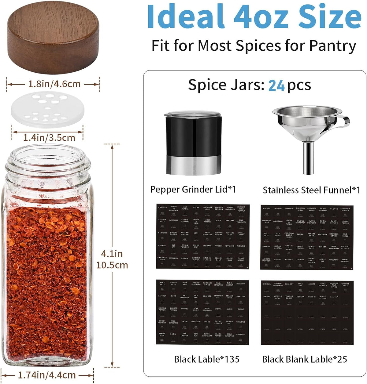 Yangbaga Glass Spice Jars with Labels, 24pcs 4oz Seasoning Organizer Jars