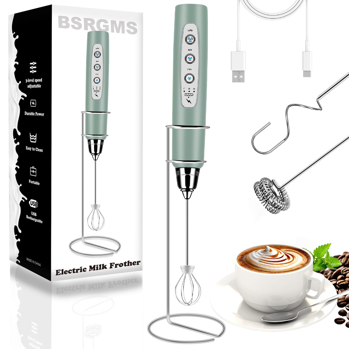 Milk Frother Wand Rechargeable Handheld Whisk Coffee 3 Speed Adjustable