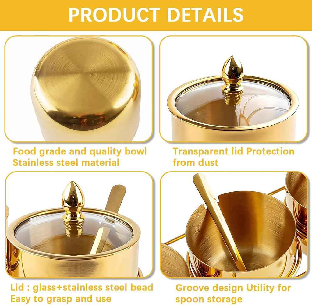 3 Pcs Gold Coffee and Sugar Dispenser with Storage Rack - Stainless Steel Gold Sugar Container Condiment Dispenser with Glass Lid and Spoon for Home Kitchen for Salt, Coffee Bean