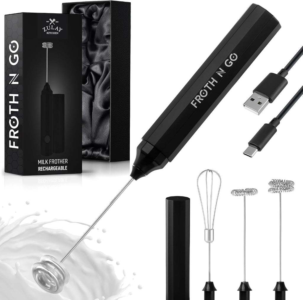 Zulay Rechargeable Milk Frother – 3-in-1 Handheld Frother Wand with Travel Case & USB-C Charger – Single, Double & Egg Whisk for Latte, Cappuccino, Matcha, Protein Shakes - Froth N Go Deep Black