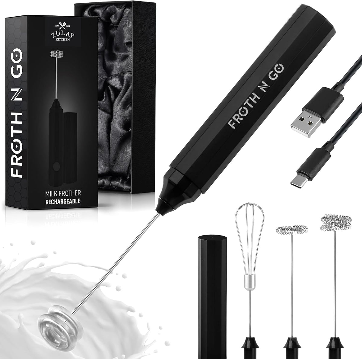 Zulay Rechargeable Milk Frother – 3-in-1 Handheld Frother Wand with Travel Case & USB-C Charger – Single, Double & Egg Whisk for Latte, Cappuccino, Matcha, Protein Shakes - Froth N Go Deep Black