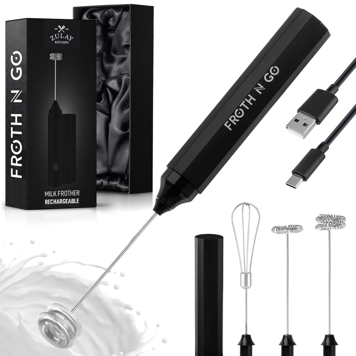 Zulay Rechargeable Milk Frother – 3-in-1 Handheld Frother Wand with Travel Case & USB-C Charger – Single, Double & Egg Whisk for Latte, Cappuccino, Matcha, Protein Shakes - Froth N Go Deep Black