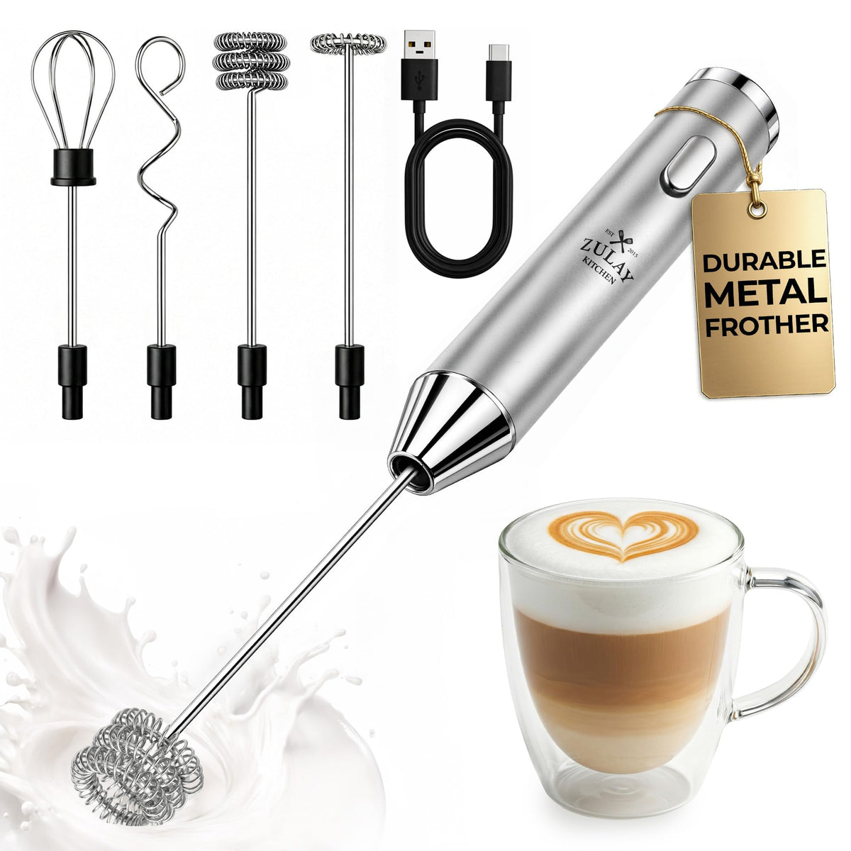 Zulay Kitchen Rechargeable Milk Frother Handheld - Frother Wand, Drink Mixer, Electric Whisk Frother, for Cappuccinos, Matcha & Protein Powder - Dynamic 3 Whisk, 3 Speed 500mAh Black