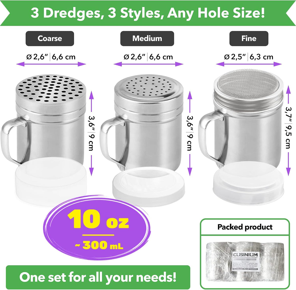 CUSINIUM [Set of 3] 10oz Stainless Steel Dredges With Handle - Fine Mesh + Medium Holes + Large Holes (For Coarse Seasonings)