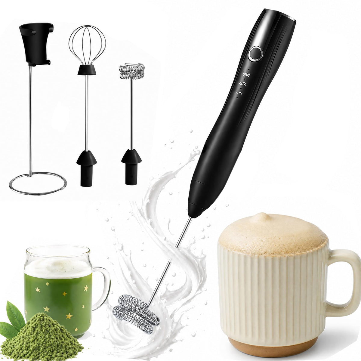 Rechargeable Handheld Milk Frother Wand with Stand