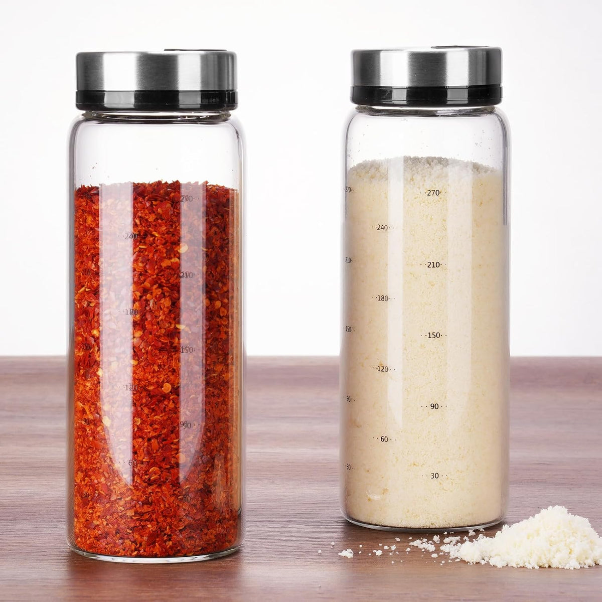 NiHome 2Pack 10oz Glass Spice Shakers Set, Adjustable Lid Dispenser, Clear