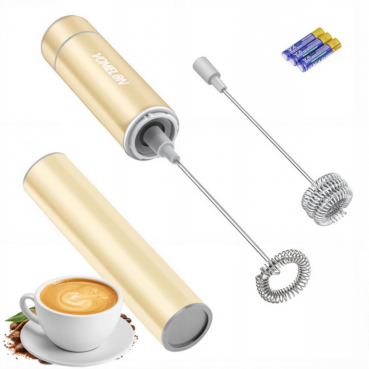 Milk Frother Handheld, Battery Operated Travel Coffee Frother Milk Foamer Drink Mixer with 2 Stainless Steel Whisks for Hot Chocolate, Batteries Included, Silver