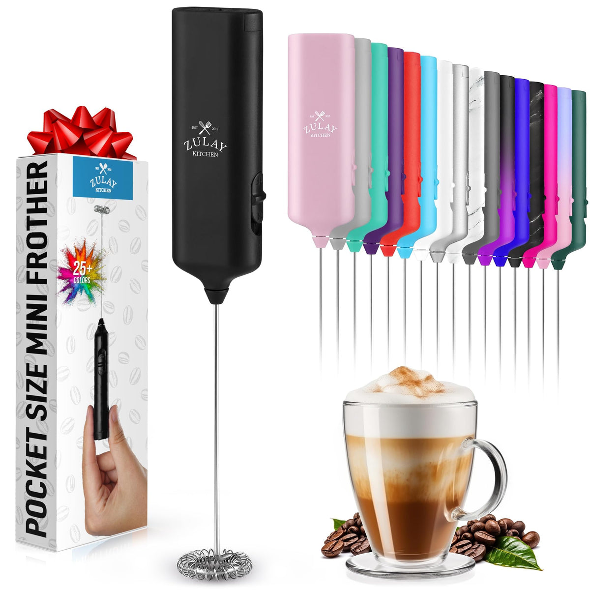 Zulay Rechargeable Milk Frother – 3-in-1 Handheld Frother Wand with Travel Case & USB-C Charger – Single, Double & Egg Whisk for Latte, Cappuccino, Matcha, Protein Shakes - Froth N Go Deep Black