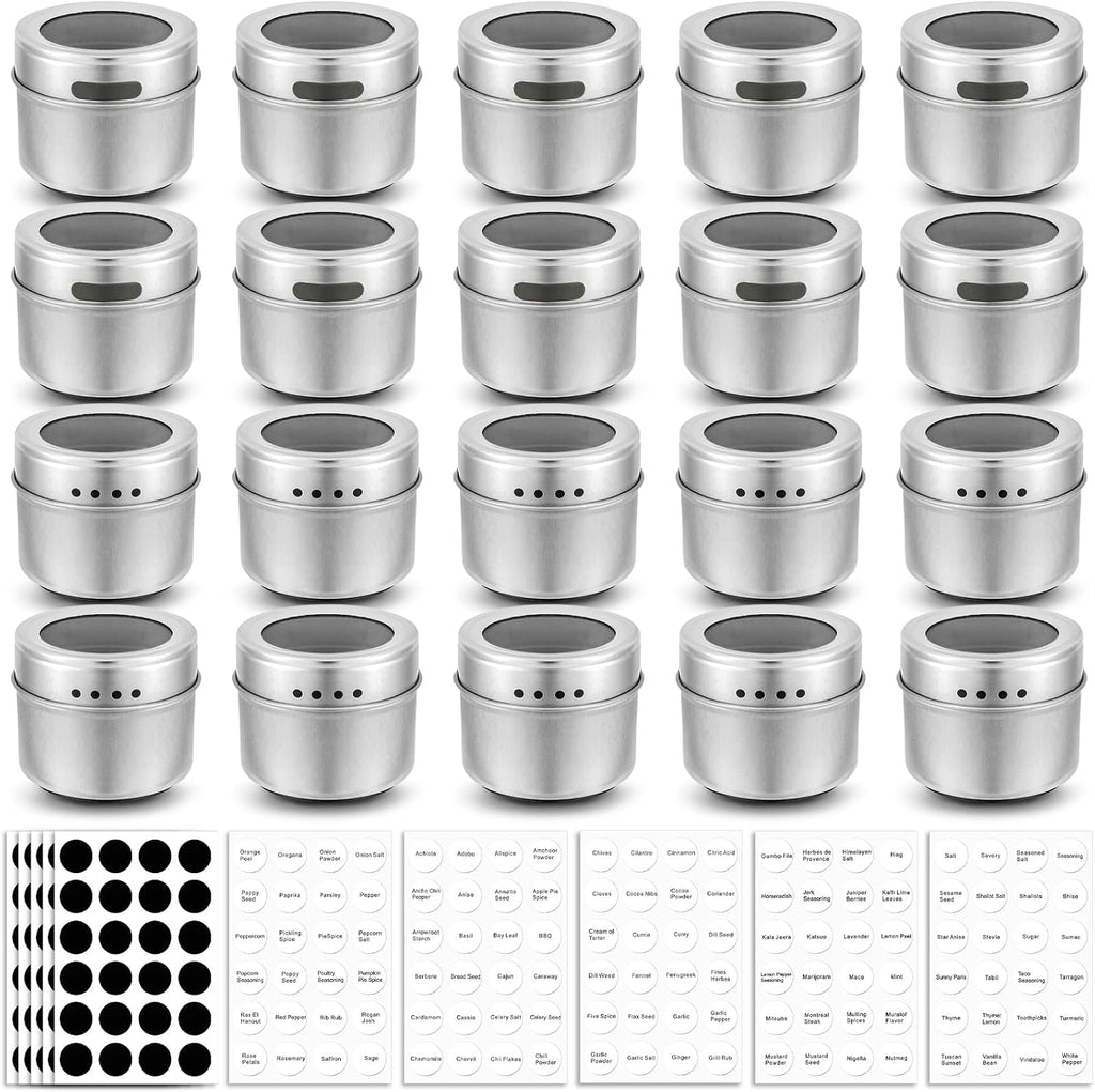 Bekith 20 Pack Magnetic Spice Jars, Magnetic Spice Containers for Refrigerator, Seasoning Tins with Clear Top Lid, 240 PVC Spice Label Set