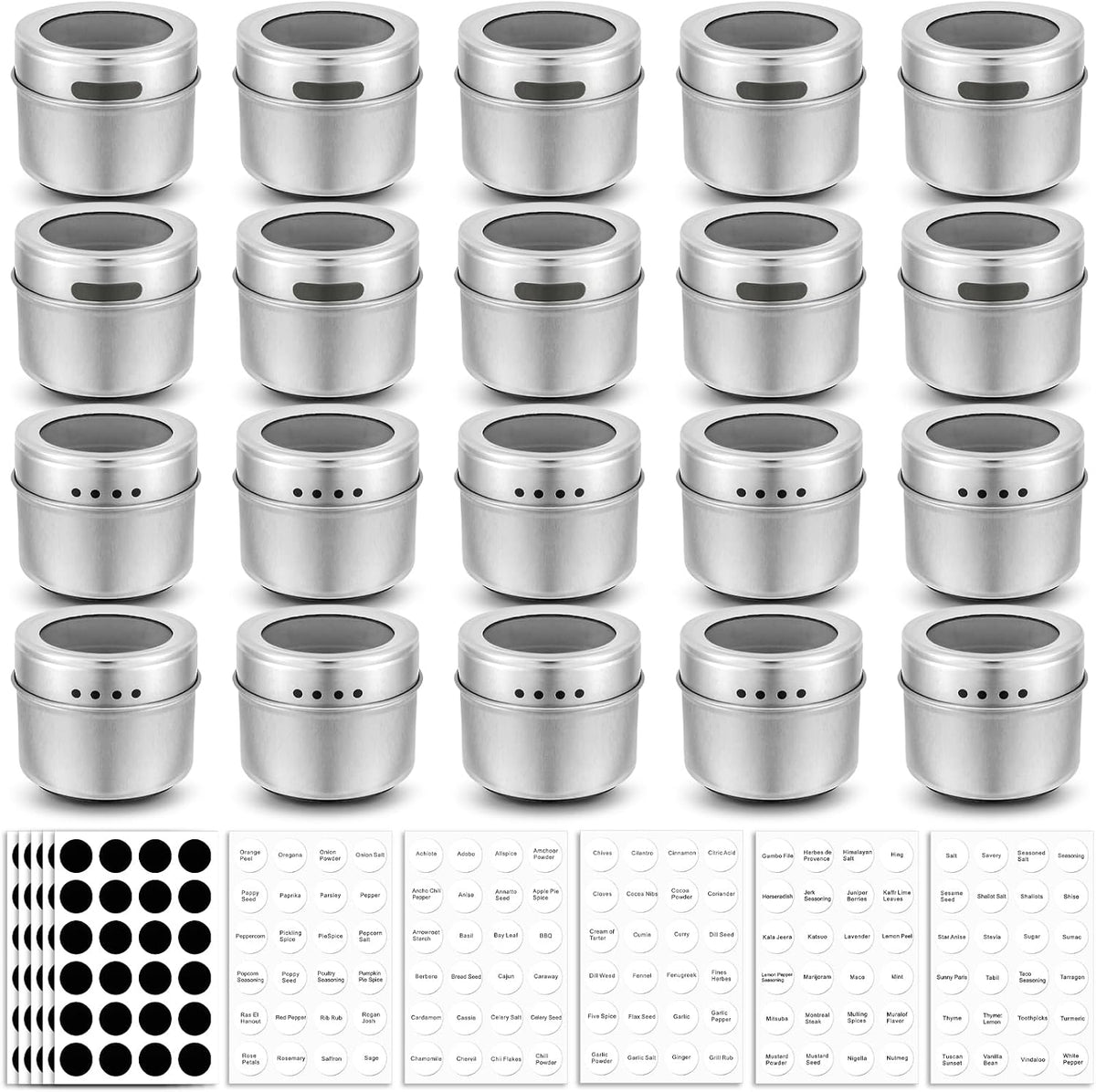 Bekith 20 Pack Magnetic Spice Jars, Magnetic Spice Containers for Refrigerator, Seasoning Tins with Clear Top Lid, 240 PVC Spice Label Set