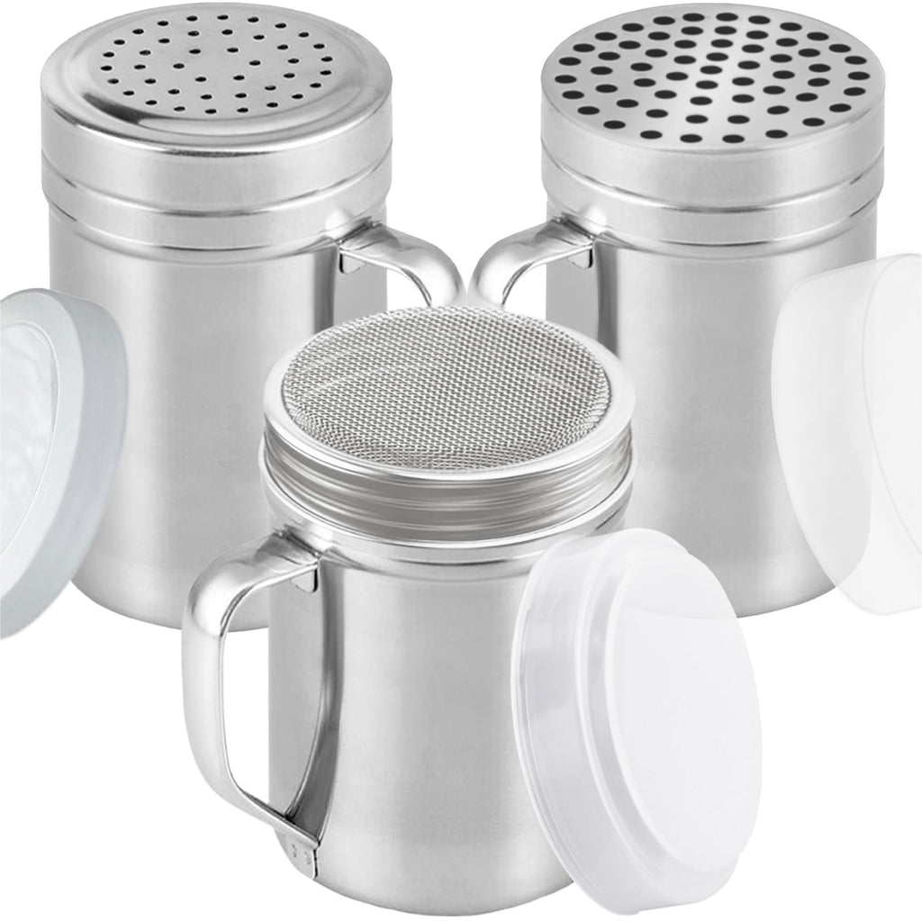 CUSINIUM [Set of 3] 10oz Stainless Steel Dredges With Handle - Fine Mesh + Medium Holes + Large Holes (For Coarse Seasonings)
