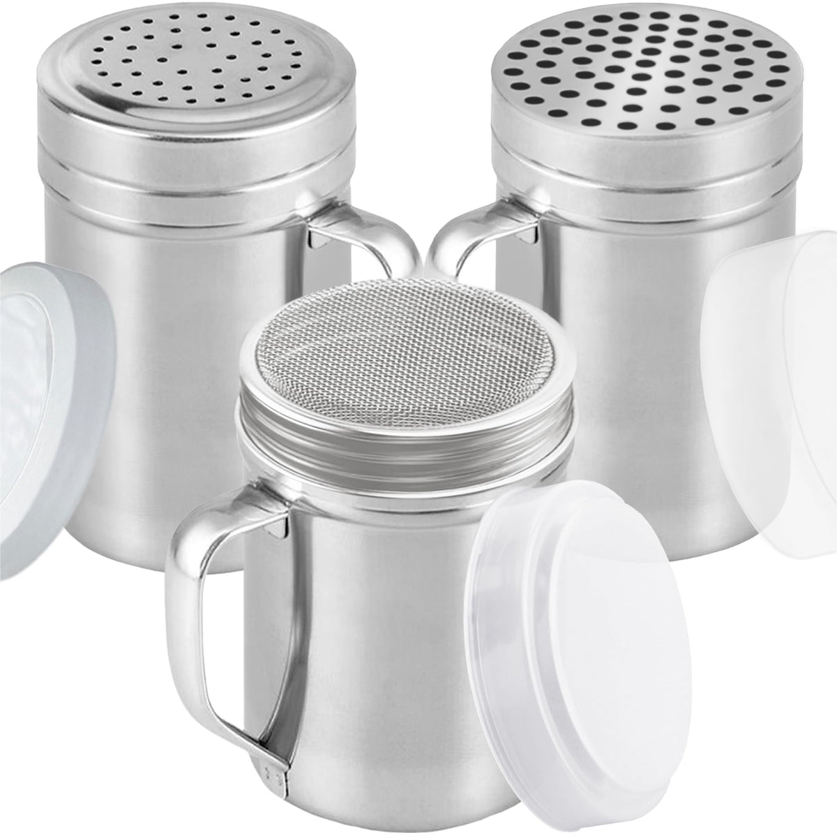 CUSINIUM [Set of 3] 10oz Stainless Steel Dredges With Handle - Fine Mesh + Medium Holes + Large Holes (For Coarse Seasonings)
