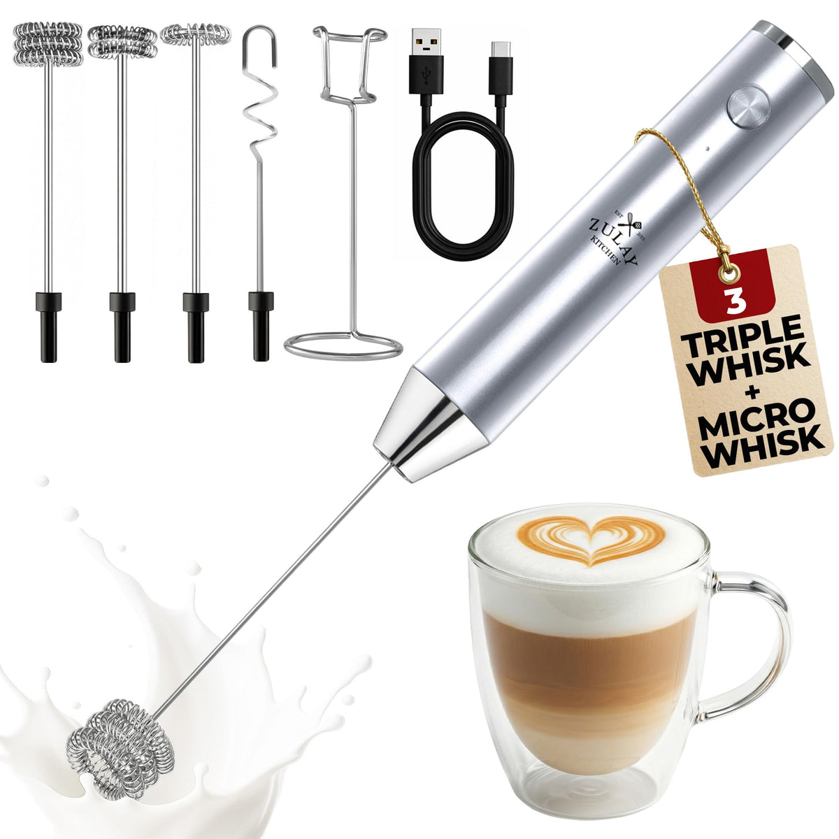 Zulay Kitchen Powerful Milk Frother Wand With Duracell Batteries - Ultra Fast Handheld Drink Mixer - Electric Whisk Foam Maker for Coffee, Lattes, Cappuccino & Matcha - Triple Whisk - Black