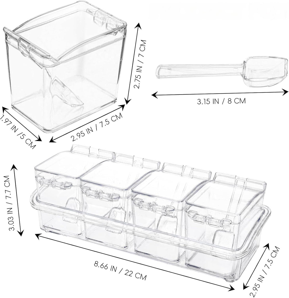 Clear Seasoning Box, 4 Pieces Acrylic Seasoning Rack Spice Jars with Spoons,Storage Container Condiment Jars - Cruet with Cover