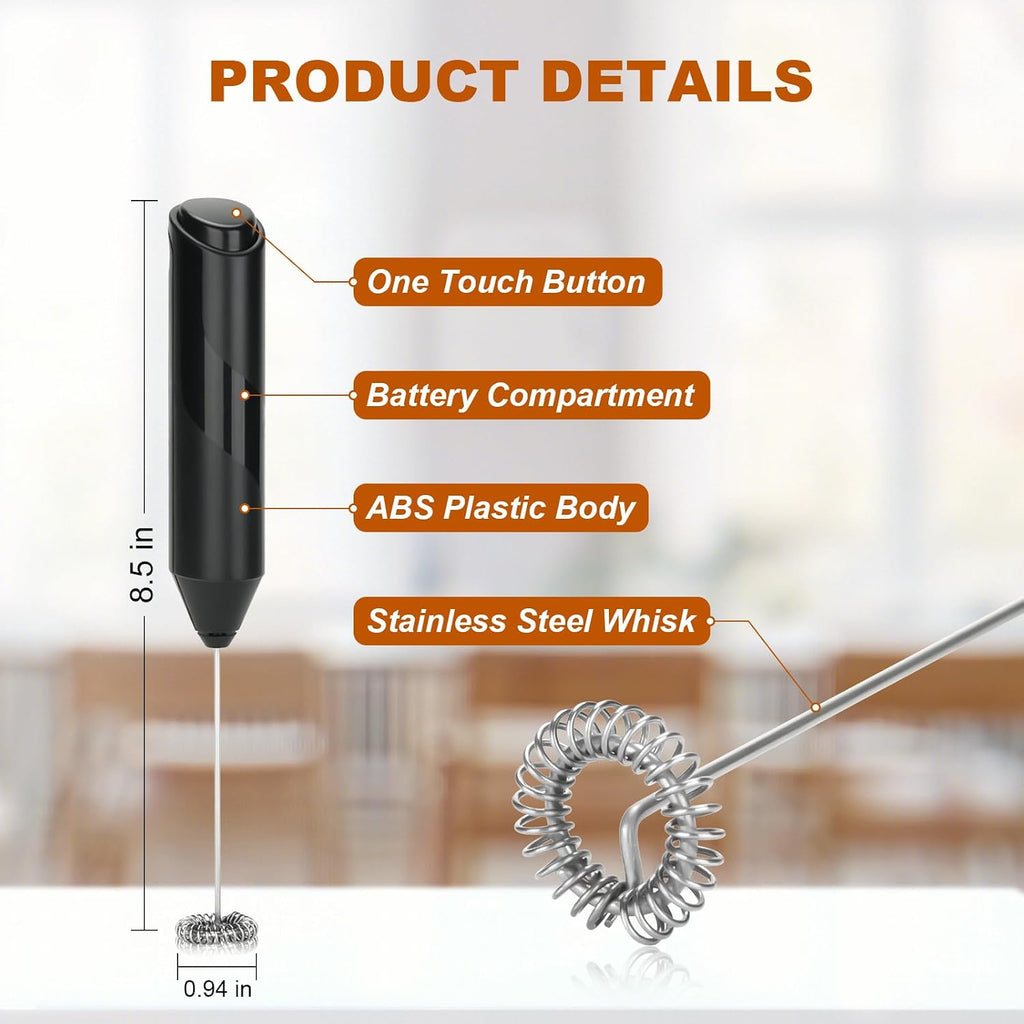 Handheld Milk Frother, Battery Operated Electric Foam Maker, Milk Frother Wand Drink Mixer with Stainless Steel Whisk for Coffee, Matcha, Lattes, Cappuccino (Black)