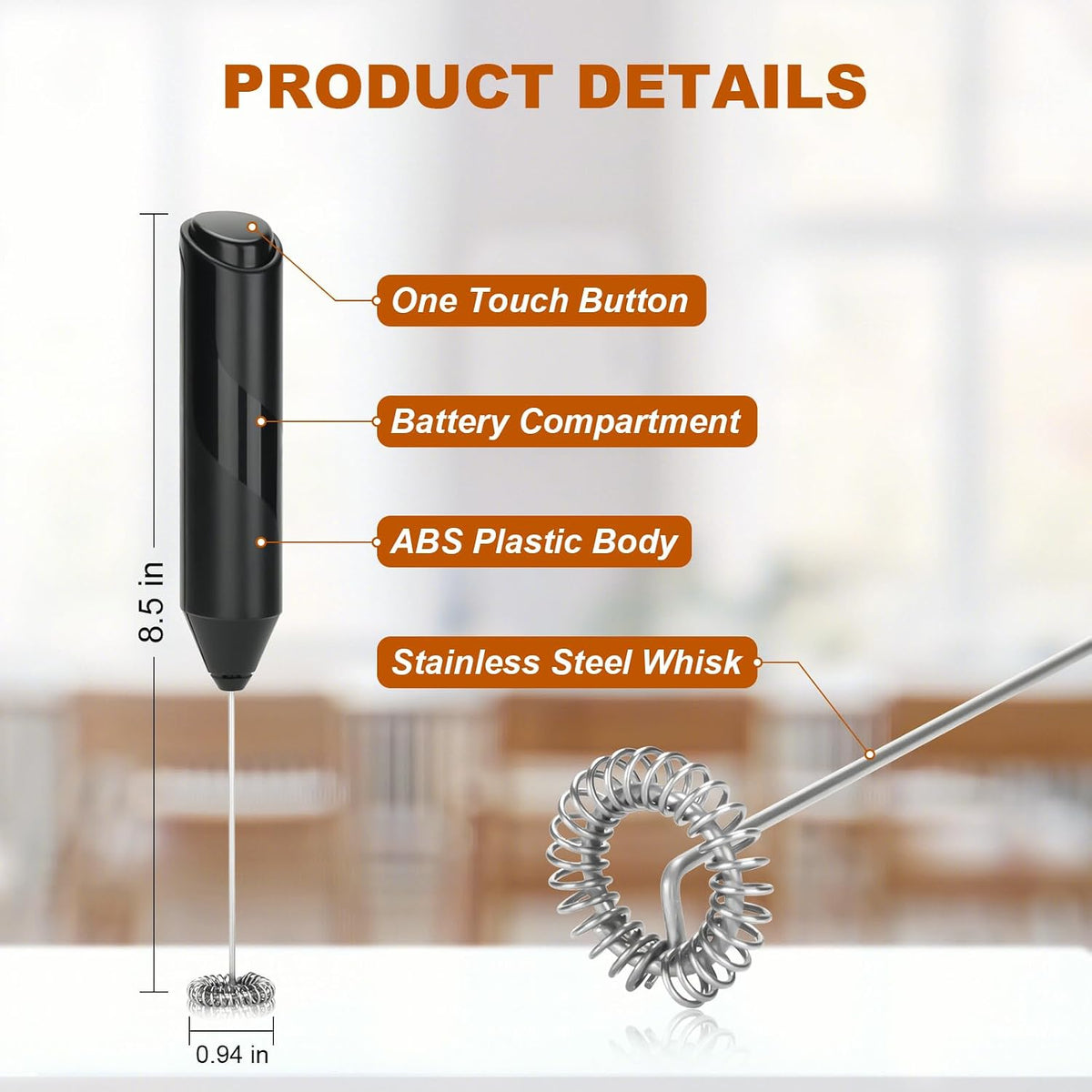 Handheld Milk Frother, Battery Operated Electric Foam Maker, Milk Frother Wand Drink Mixer with Stainless Steel Whisk for Coffee, Matcha, Lattes, Cappuccino (Black)