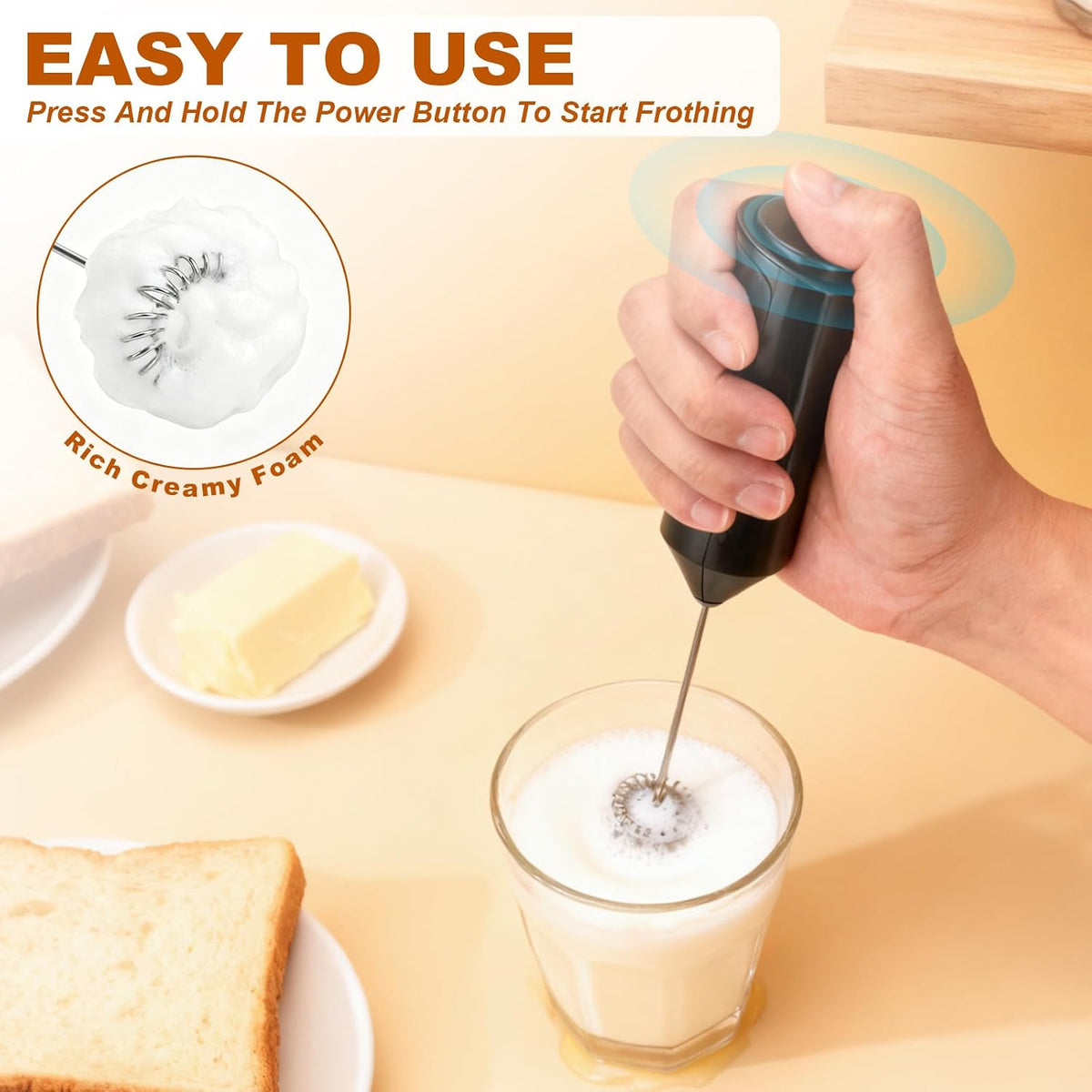 Handheld Milk Frother, Battery Operated Electric Foam Maker, Milk Frother Wand Drink Mixer with Stainless Steel Whisk for Coffee, Matcha, Lattes, Cappuccino (Black)