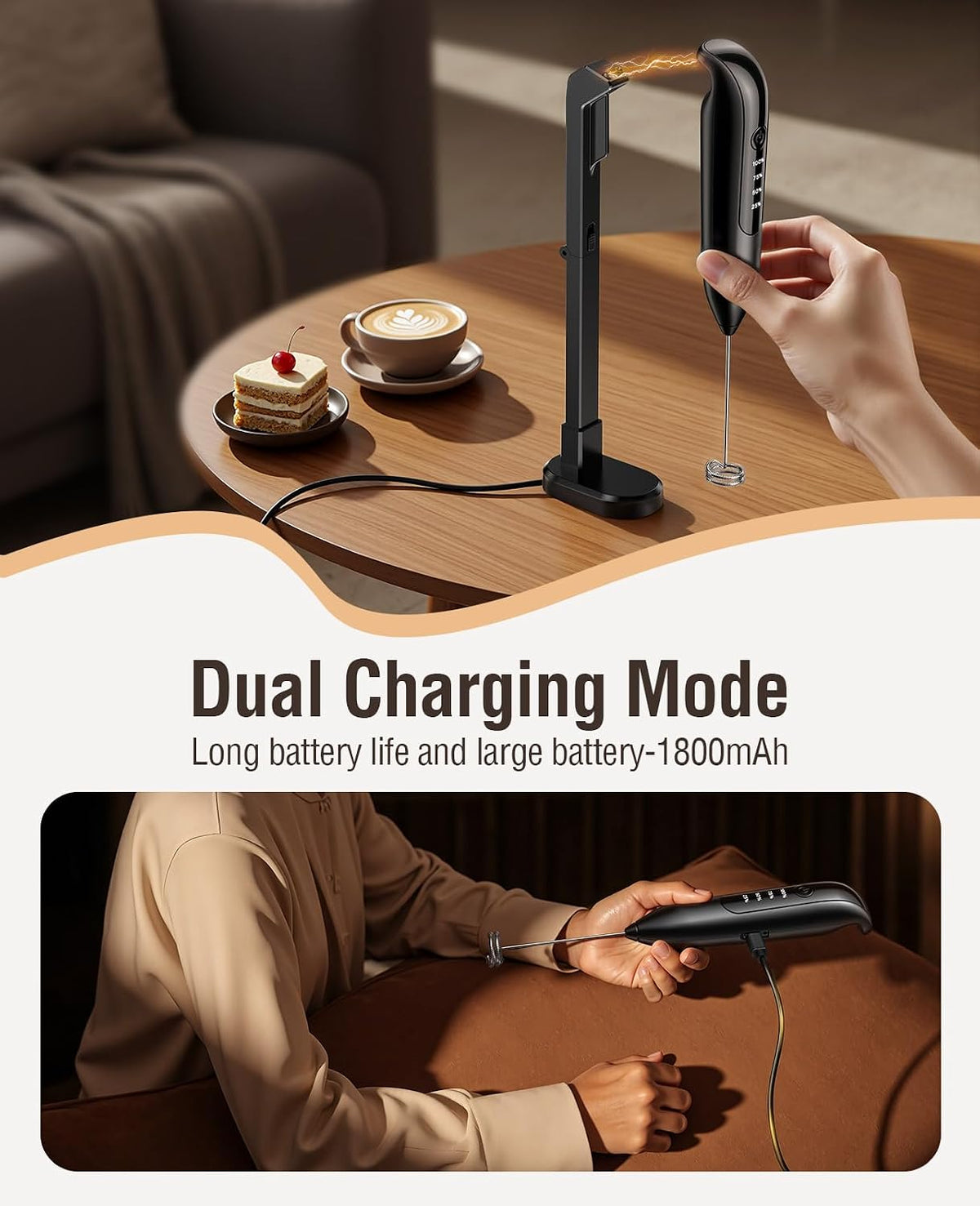 Milk Frother Handheld: LED & Wireless Charge, 3 Heads 3 Speeds