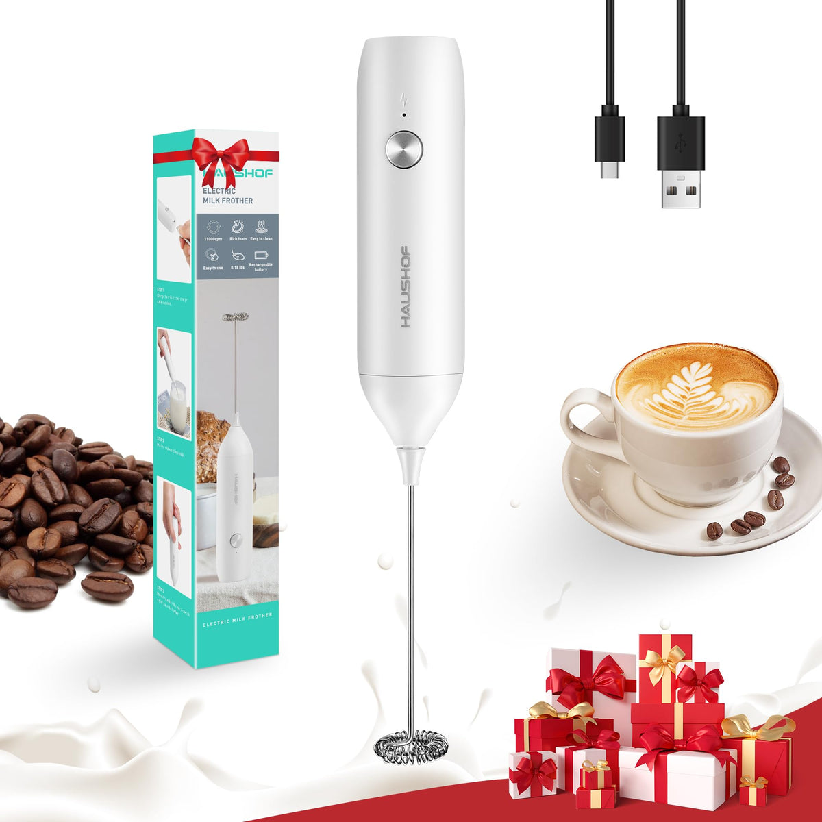 HAUSHOF Handheld Rechargeable Milk Frother Wand, Electric Coffee Mixer