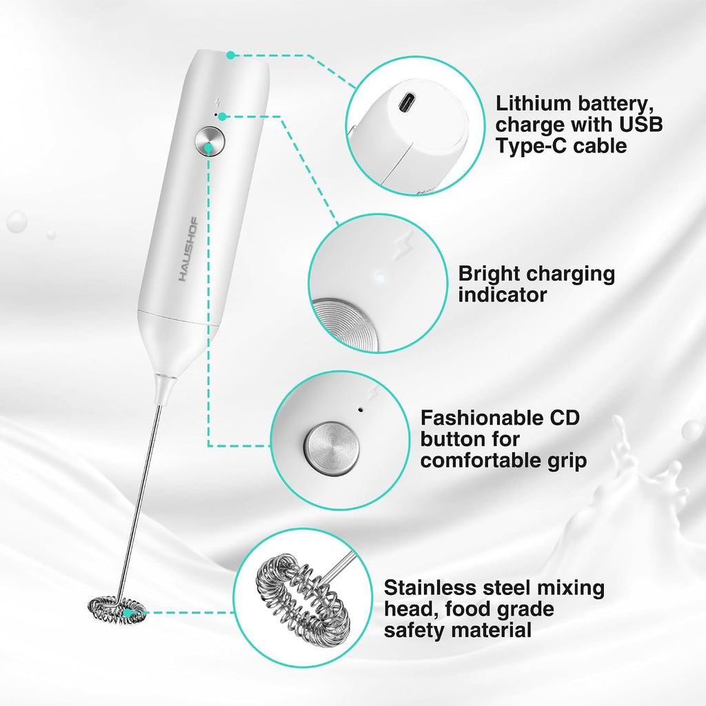 HAUSHOF Handheld Rechargeable Milk Frother Wand, Electric Coffee Mixer