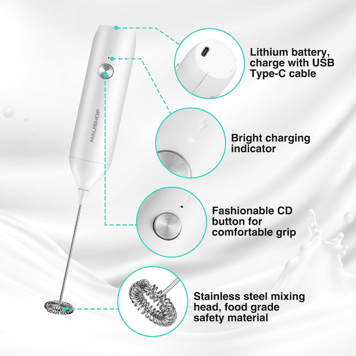 HAUSHOF Handheld Rechargeable Milk Frother Wand, Electric Coffee Mixer
