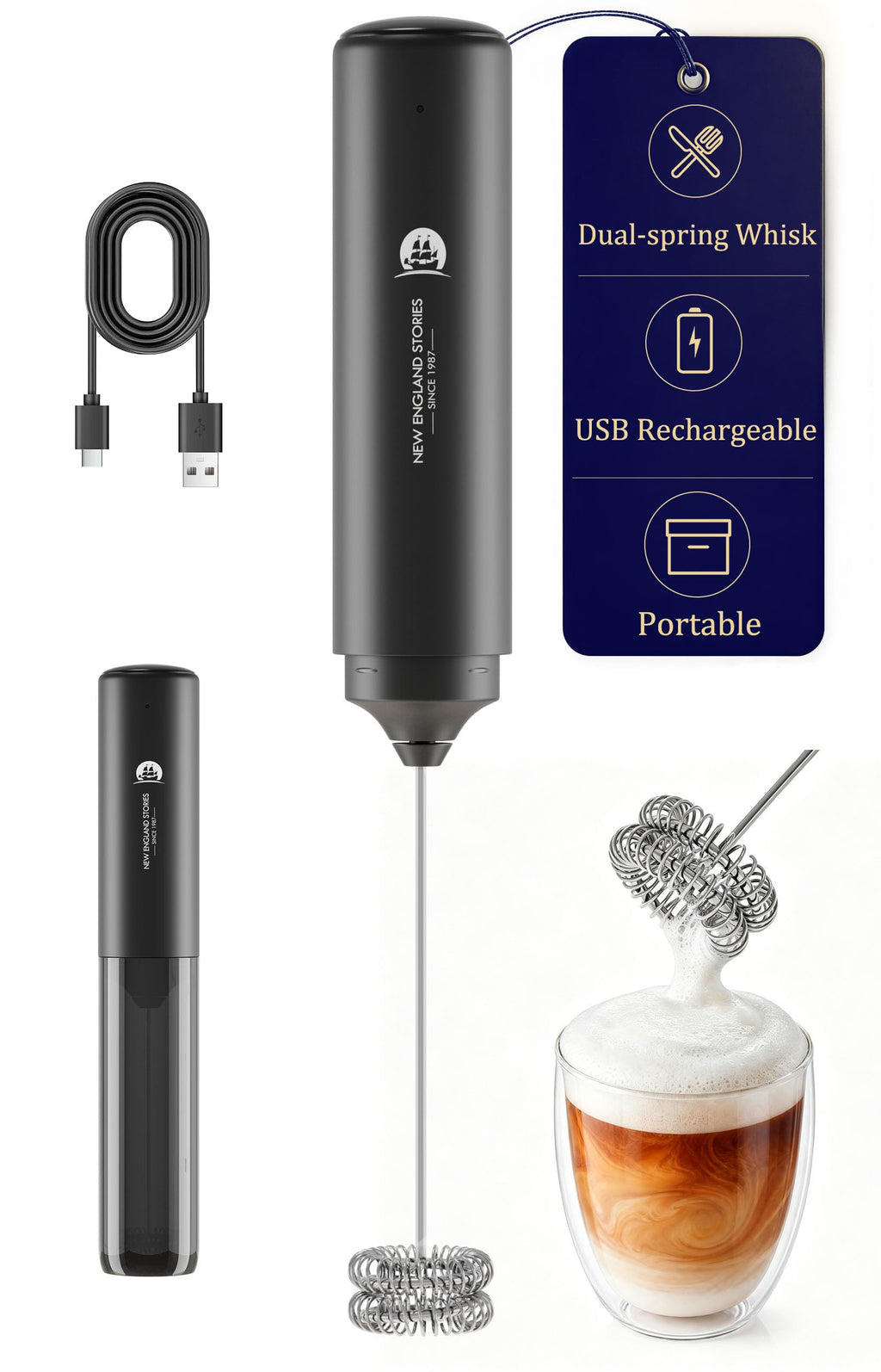 New England Stories Handheld Rechargeable Milk Frother Wand