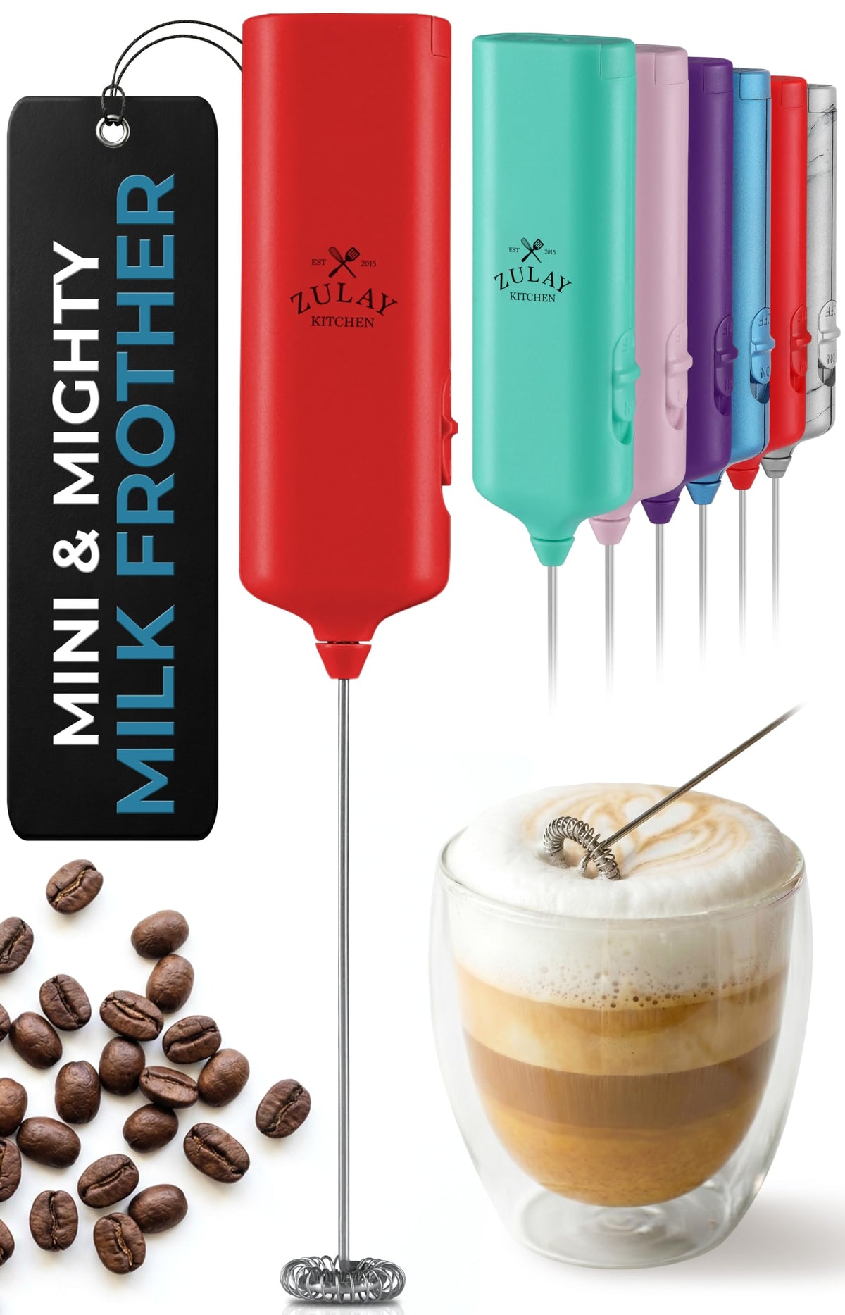 Zulay Rechargeable Milk Frother – 3-in-1 Handheld Frother Wand with Travel Case & USB-C Charger – Single, Double & Egg Whisk for Latte, Cappuccino, Matcha, Protein Shakes - Froth N Go Deep Black