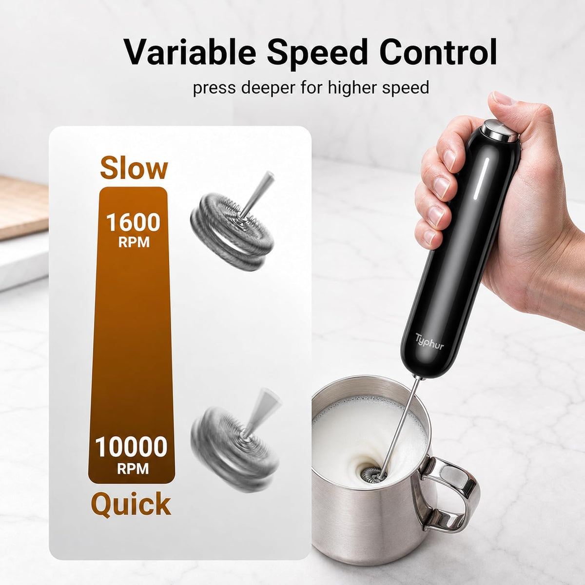 InstaWhisk Upgraded Milk Frother with Variable Speed - Rechargeable Handheld Coffee Frother Wand with Detachable Whisks, Electric Drink Mixer for Latte, Cappuccino, Matcha, Almond Milk, Protein, Black