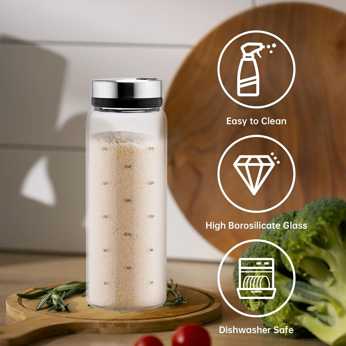 NiHome 2Pack 10oz Glass Spice Shakers Set, Adjustable Lid Dispenser, Clear