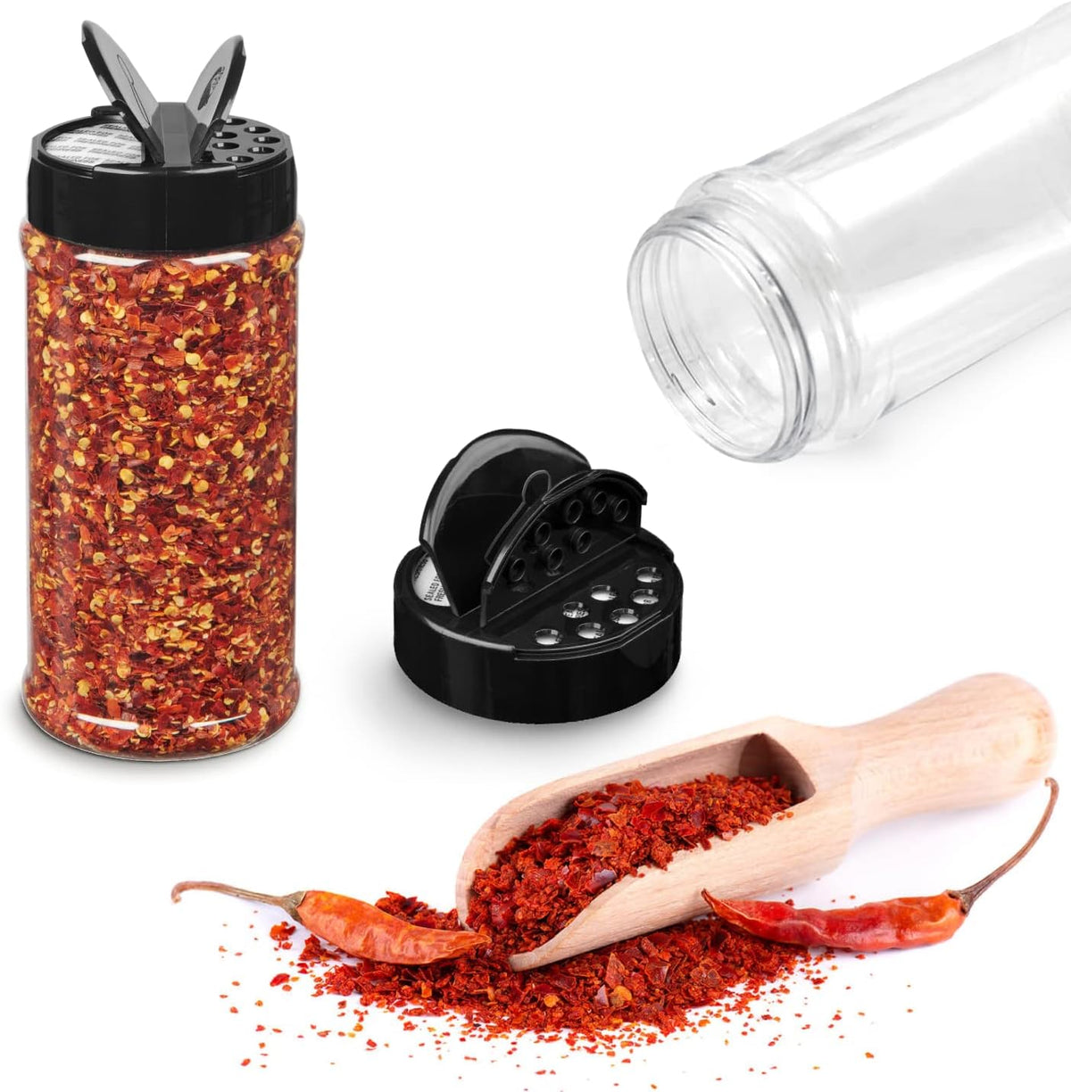 Plastic Spice Jars Bottle Containers with Black Cap, 16 Oz, 6 Pack