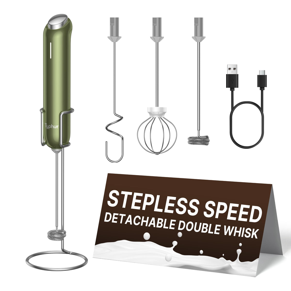 InstaWhisk Milk Frother with Variable Speed, Rechargeable Coffee Frother Wand with Detachable Double Whisk, Drink Mixer Handheld Electric Stirrer for Latte, Cappuccino, Matcha, Almond Milk, Protein