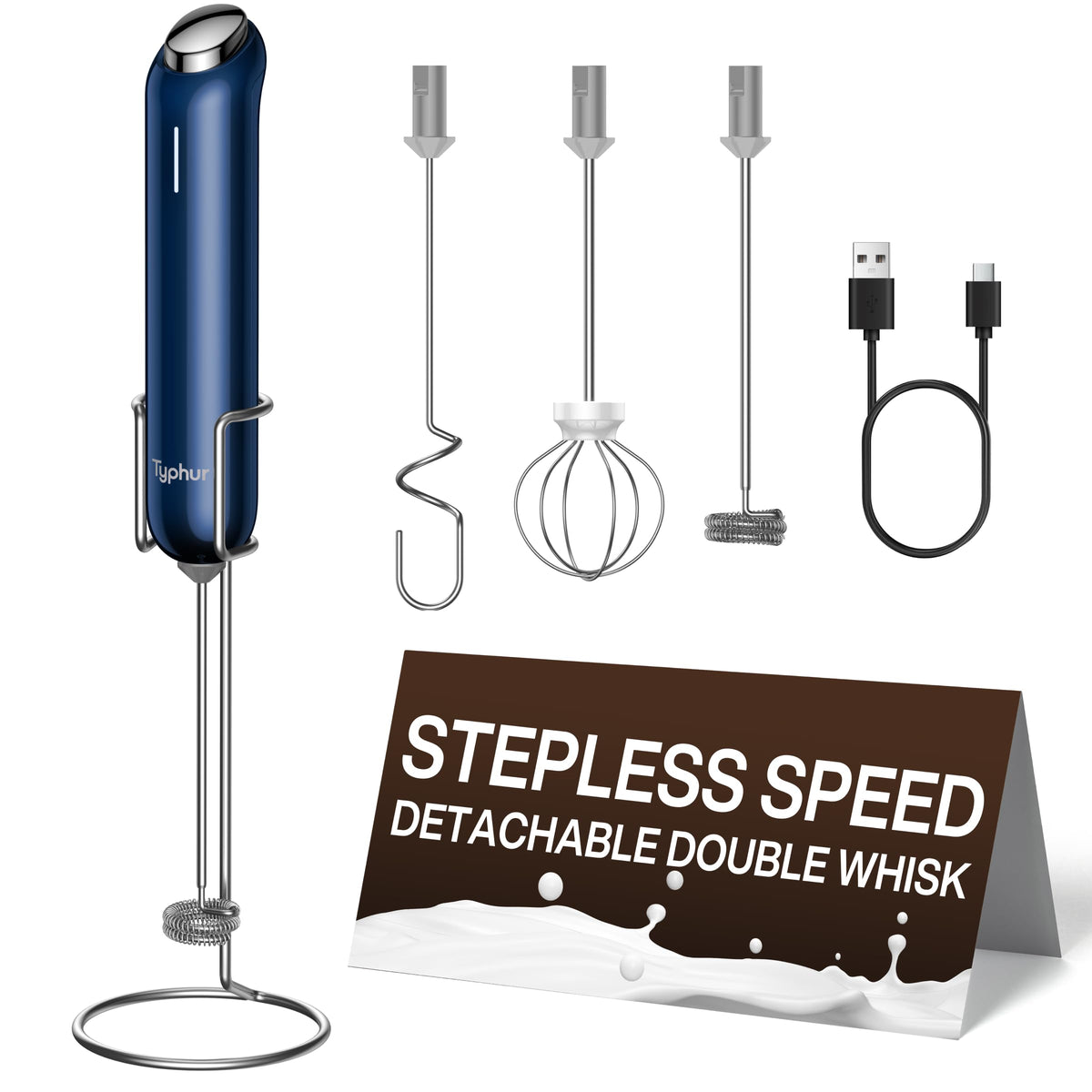 InstaWhisk Milk Frother with Variable Speed, Rechargeable Coffee Frother Wand with Detachable Double Whisk, Drink Mixer Handheld Electric Stirrer for Latte, Cappuccino, Matcha, Almond Milk, Protein