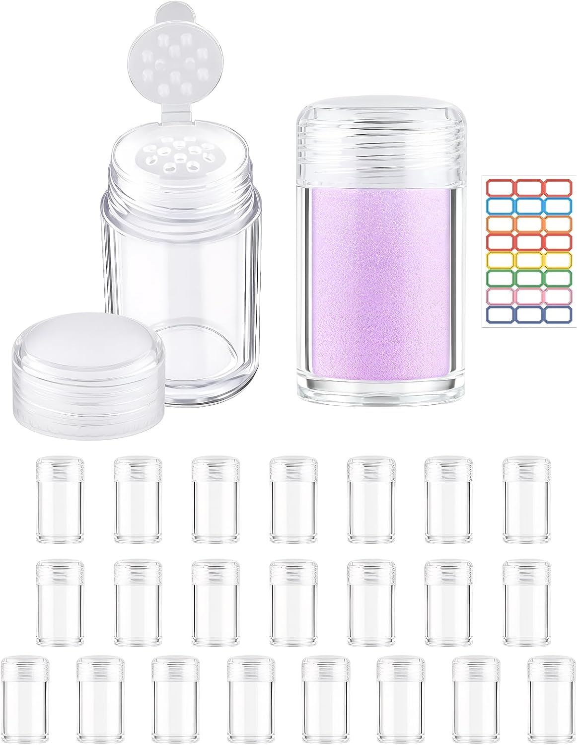 24PCS Loose Powder Containers, 10 ml Clear Small Travel Cosmetic Seasoning Dispenser Bottle with Labels