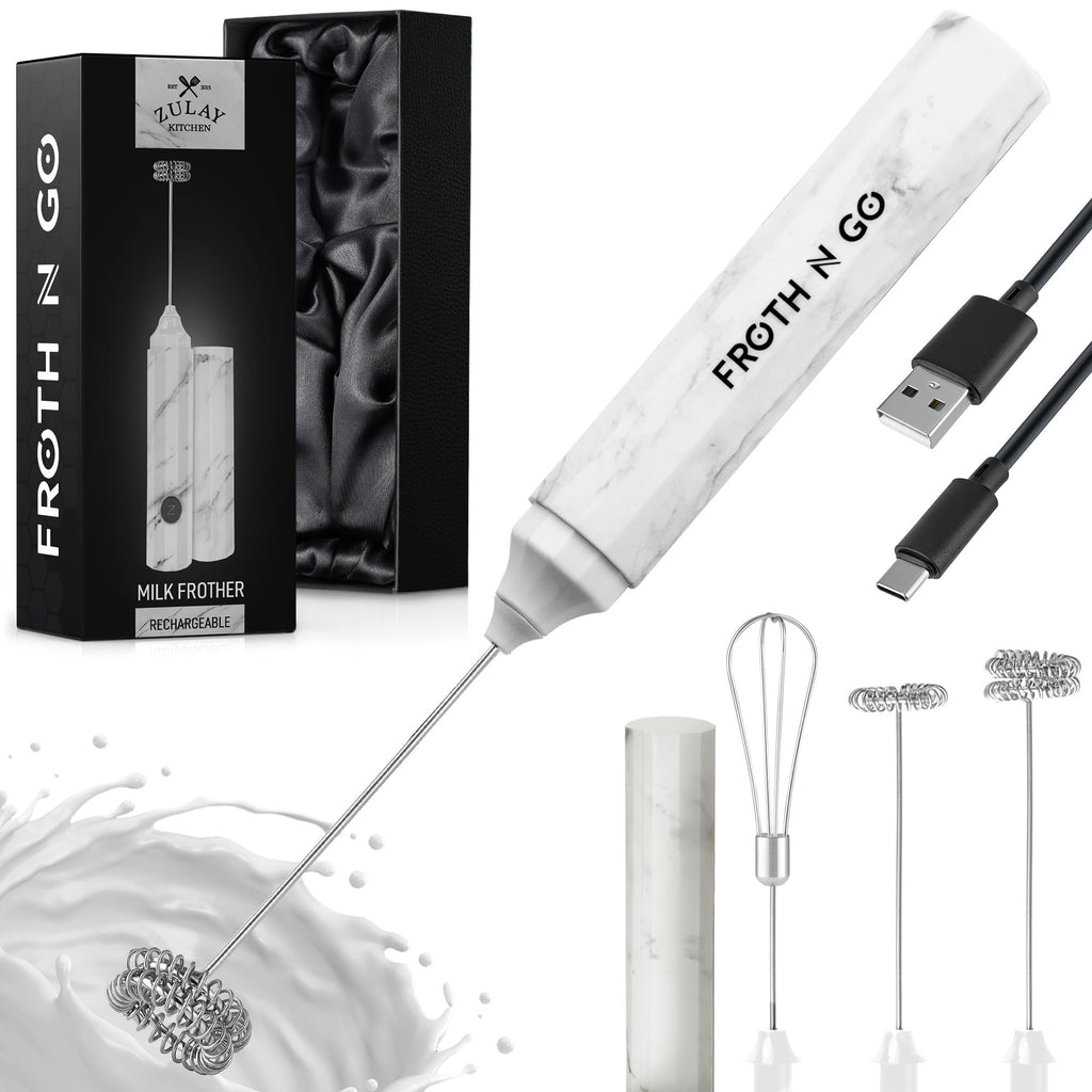 Zulay Rechargeable Milk Frother – 3-in-1 Handheld Frother Wand with Travel Case & USB-C Charger – Single, Double & Egg Whisk for Latte, Cappuccino, Matcha, Protein Shakes - Froth N Go Deep Black