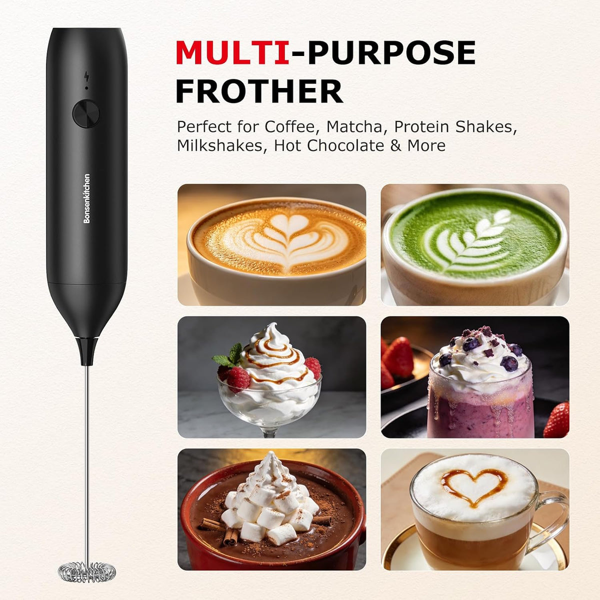 Bonsenkitchen Rechargeable Milk Frother Handheld, Electric Foam Maker with Stainless Steel Whisk,Charging USB-C, Portable Hand Wand Drink Mixer for Coffee Matcha Lattes Cappuccino, Kitchen Gifts