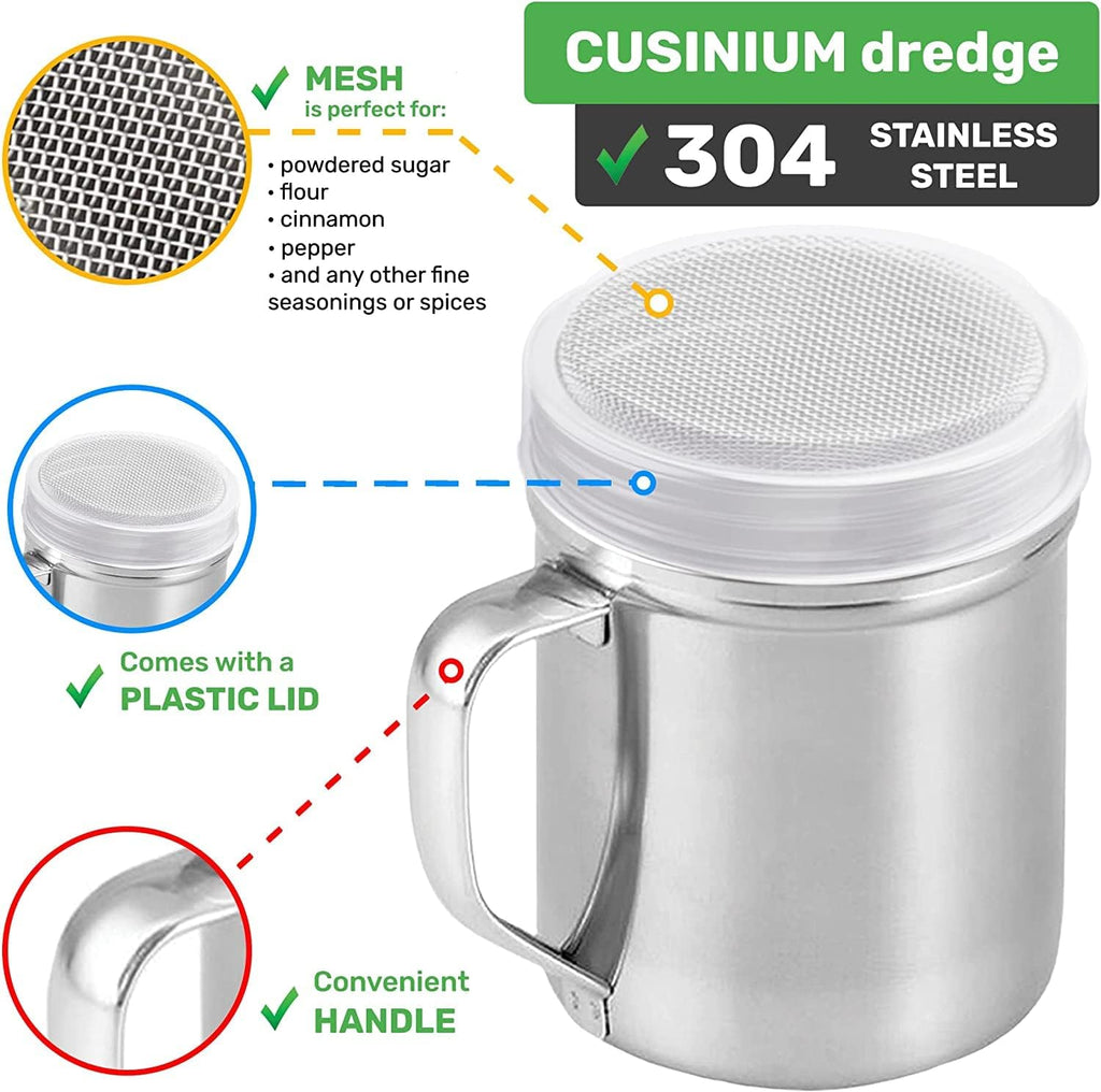 CUSINIUM [Set of 3] 10oz Stainless Steel Dredges With Handle - Fine Mesh + Medium Holes + Large Holes (For Coarse Seasonings)