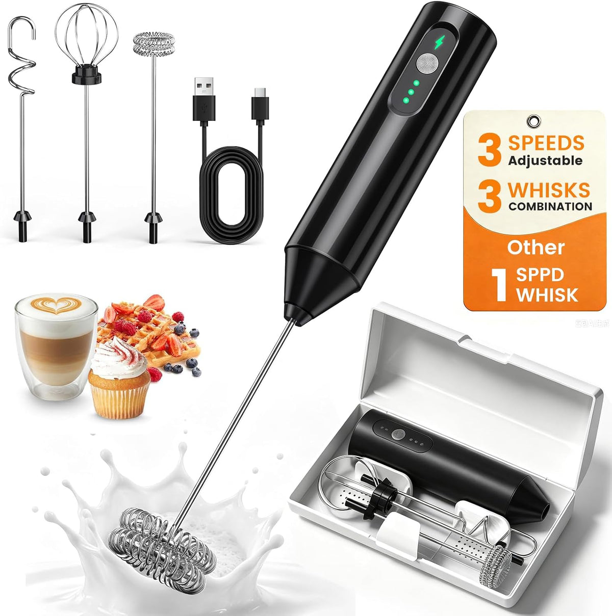 Boben Rechargeable Handheld Milk Frother 3-Speed, 3-Whisk, Storage Box