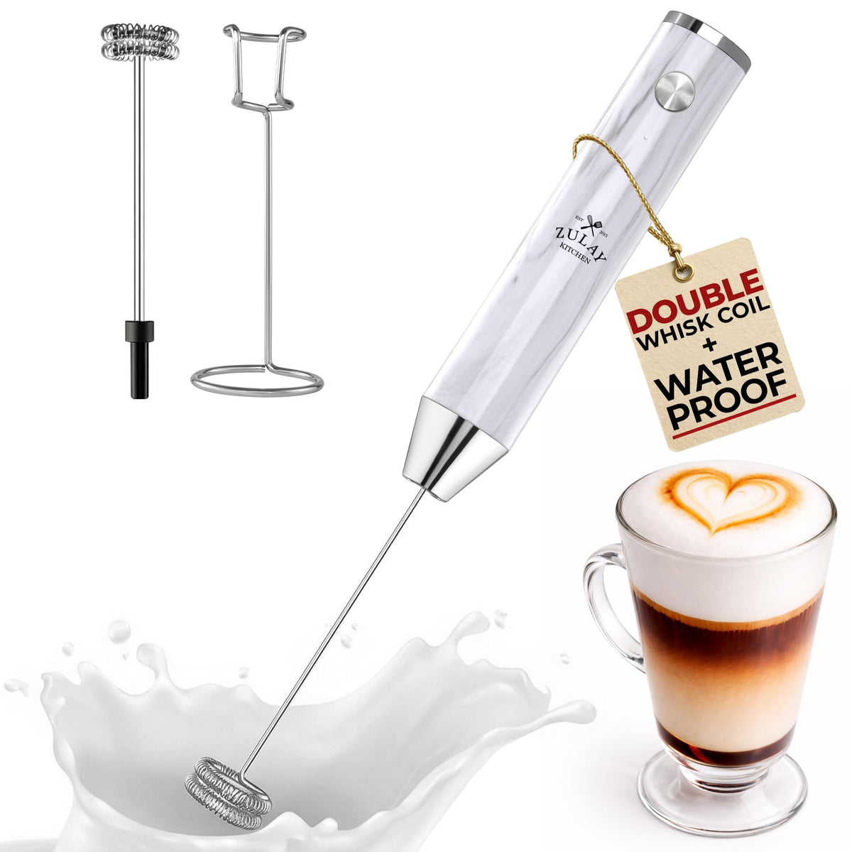 Zulay Kitchen Powerful Milk Frother Wand With Duracell Batteries - Ultra Fast Handheld Drink Mixer - Electric Whisk Foam Maker for Coffee, Lattes, Cappuccino & Matcha - Triple Whisk - Black