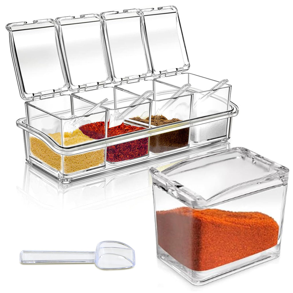 4-Cell Clear Seasoning Rack Spice Box Storage Container Condiment Jars Acrylic Seasoning Box with Cover and Spoon