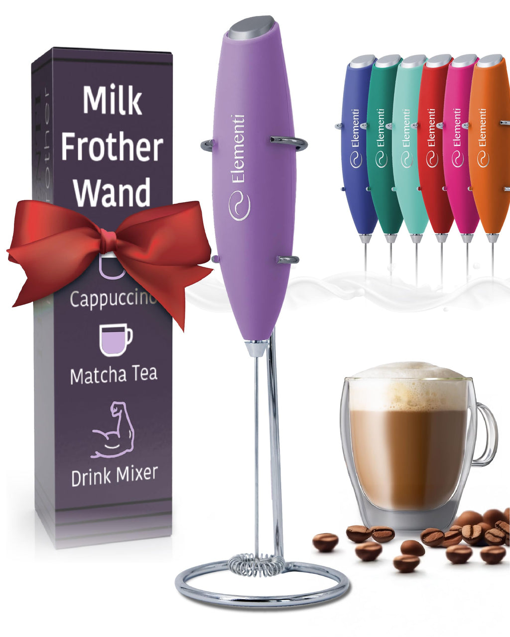 Milk Frother Wand & Electric Stirrer with Stand - Turbo Coffee & Milk Frother Handheld - Hand Held Coffee Mixer Wand & Cold Foam Maker for Frothy Cappuccinos, Lattes & Drink Mixes at Home (Black)