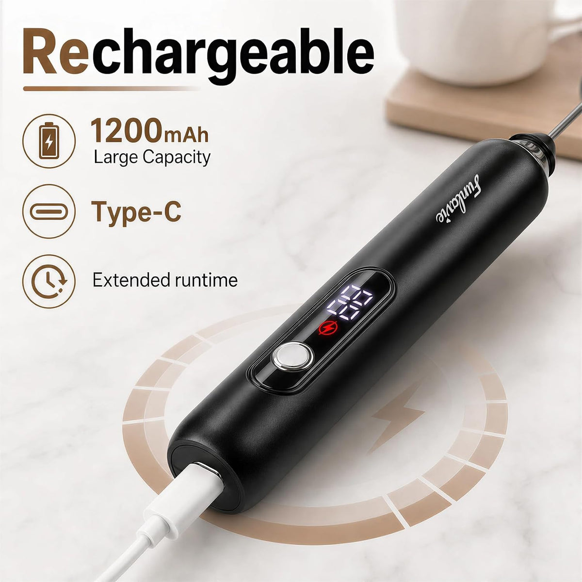 Rechargeable Handheld Milk Frother Wand with 3 Detachable Heads